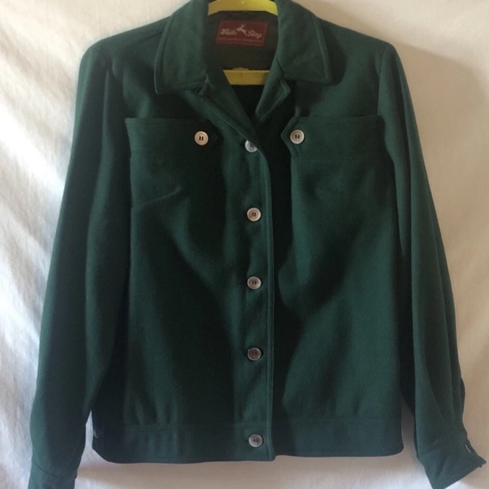 Vtg White Stag Womens M Dark Green Wool Button Up Jacket Collar Pockets
